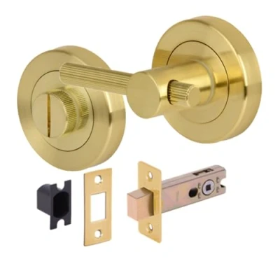 Image of HANDLEZONE® Linear Bar Designer Bathroom Toilet Door Thumb Turn and Release Deadbolt Kit Satin Brass 76mm Bolt with 57mm Backset