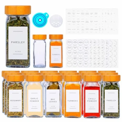 Image of 24PCS Bamboo Glass Spice Jars set Square With Lids Waterproof Labels Stickers For Herbs, Spices &amp; Seasoning Kitchen Storage Organisation of And