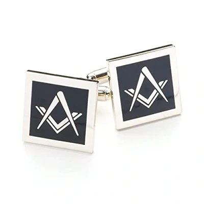 Image of The Masonic Collection Square &amp; Compass Cufflinks for Men Black and Silver Plated Material T Bar Fitting Comes in Velvet Pouch Quality Freemason Gifts