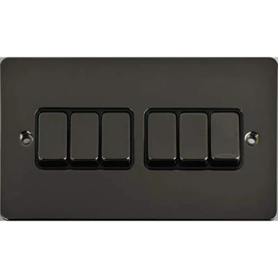 Image of Schneider Electric Ultimate Flat Plate 6 Gang Rocker 2 Way Light Switch, Single Pole, 16AX, GU1262BBN, Black Nickel with Insert