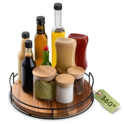 Image of Praknu Wooden Turntable Organiser Made of Sustainable FSC® Acacia Wood Lazy Susan 360 Rotation Non Slip 28 cm Spice Rack for the Kitchen