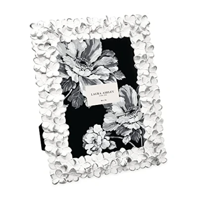 Image of Laura Ashley 5x7 White &amp; Silver Flower Textured Hand Crafted Resin Picture Frame w/Easel Hook for Tabletop Wall Display, Decorative Floral Design Home Décor, Photo Gallery, Art (5x7, White/Silver)