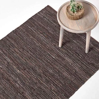 Image of HOMESCAPES leather rug Denver Brown 120x180 cm. Recycled Eco Friendly 100% real rug, multi purpose