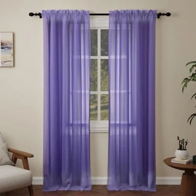 Image of Pacok Purple Voile Curtains, 108 Drop 2 Panels Net Curtain for Windows, Rod Pocket Sheer Panel Curtains Living Room Kitcken Bedroom W56xL108 Inch(Purple, 142 x 274cm)