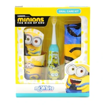 Image of Minions Kids Oral Care Kit Gift Set Contains Battery Powered Electric Toothbrush with Comfortable Handle and Soft Bristles, Mint Toothpaste, Multi Purpose Beaker Minion Inflatable for Ages 4+