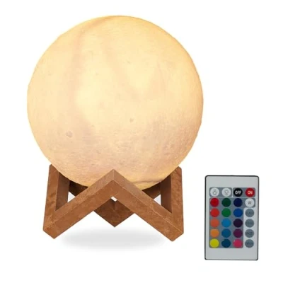 Image of Moon Lamp 3D, 16 Colours, Dimmable, Remote Control, Wireless, With Stand, Children, Moonlight led, 15 cm, White Relaxdays