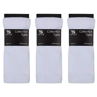 Image of Girls Childrens 3 Pairs Plain Tights Back To School Everyday Cotton Rich Leggings White 2