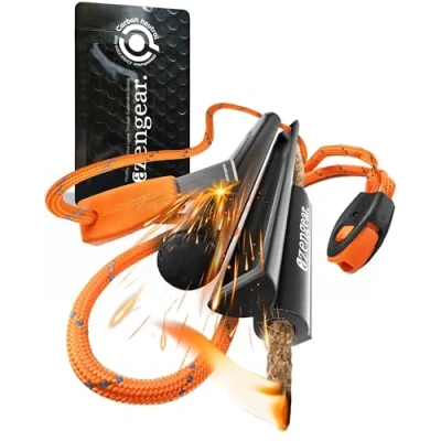 Image of aZengear Camping Bushcraft Flint Steel Pro Fire Starter, XXL Ferro Rod, HSS Striker, Tinder Wick Rope, Paracord, Waterproof Outdoor Survival Kit