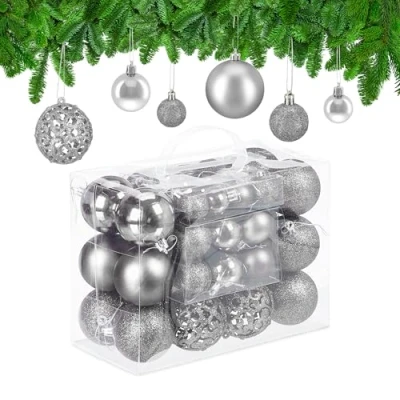 Image of Relaxdays Christmas Bauble Set of 50, Glittery, Matt &amp; Shiny Ornaments, Plastic Xmas Tree Balls, Ø: 3, 4 6 cm, Silver