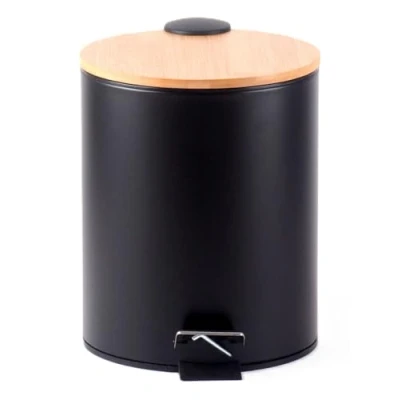 Image of HOMION 5L Litre Round Pedal Bin Stainless Steel Toilet Bath Bathroom Kitchen with Inner Bucket 5 Liter (Black Bamboo LID)