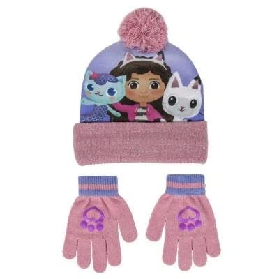 Image of Gabby&#039;s Dollhouse Girls Bobble Hat + Gloves Winter Set One Size Pink