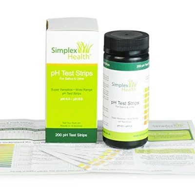 Image of SimplexHealth pH Test Strips for Urine and Saliva (200 Strips) in resealable Container, Detailed Instructions 30 Day Tracking Chart