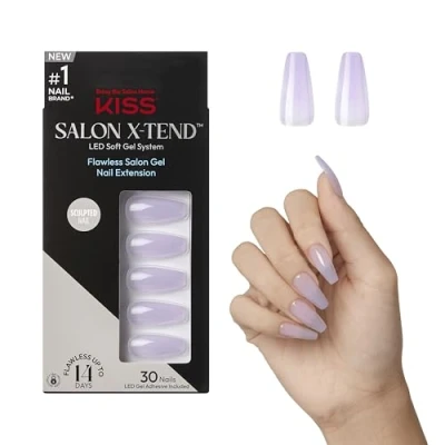 Image of KISS Salon X tend Glue On Color Nails, Gimme, Light Purple, Long Coffin Shape, 34 Ct.