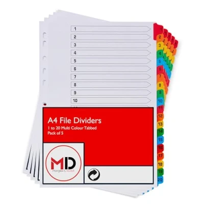 Image of A4 1 20 File Dividers with Coloured Numbered Index Tabs Multi Hole Punched and Reinforced Subject Divider Pack of 5