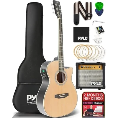 Image of Pyle Cutaway Acoustic Electric Guitar and Amp Kit, 4/4 Scale Spruce Wood Steel String Instrument w/Practice Amplifier, 41&quot;