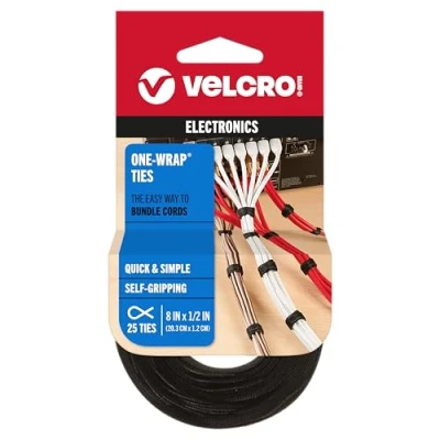 Image of VELCRO Brand ONE WRAP Cable Ties 25Pk 8 x 1/2&quot; Black Cord Organization Straps Thin Pre Cut Design Wire Management for Organizing Home, Office and Data Centers