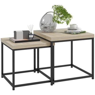 Image of HOMCOM Coffee Table Set of 2, Square Nest Tables with 3.5cm Thick Tabletop and Steel Frame, Modern Side for Living Room, Oak