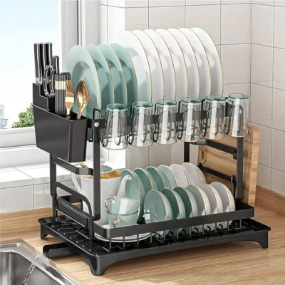 Image of 2 Tier Dish Drainer, Black Drying Rack with Drip Tray, Stainless Steel Rack, Draining Cup, Utensil and Cutting Board Holder, Rustproof Sink Drainer for Kitchen Countertop