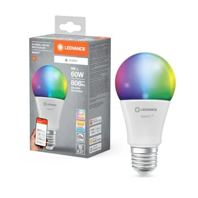Image of LEDVANCE Smart+ Matter LED lamp, Compatible with Google, Alexa, Apple, White Frosted Look, 9W, 806lm, E27 Base, Color Light and Light, app or Voice Control, Life of up to 20,000 Hours