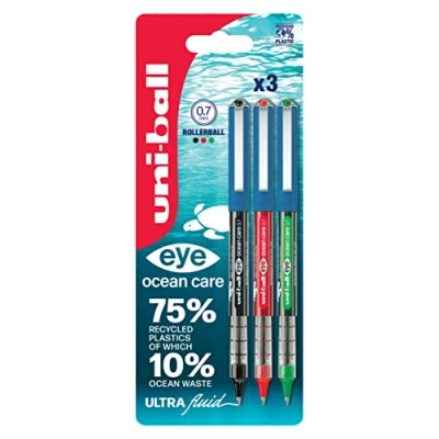 Image of Uni ball Eye Ocean Care UB 157ROP Rollerball Pens. Fine 0.7mm Ballpoint Tip for Smooth Writing, Drawing, Art &amp; Colouring. Fade and Water Resistant Liquid Super Ink. 3 Pack Black, Red, Green