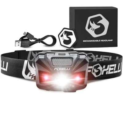 Image of Foxelli LED Head Torch Rechargeable Ultralight USB Headtorch for Adults &amp; Kids, Waterproof Headlamp with Red Light Running, Camping, Fishing Outdoors