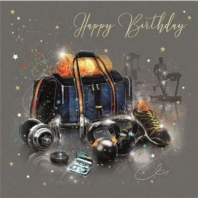 Image of Cherry Orchard Artistic Open Male &quot;Happy Birthday&quot; Greeting Card From The Grayson Range Workout Gold Foil Finish