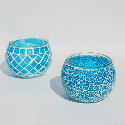 Image of Mosaic Glass Candle Holder Vintage Jar Tealight Holders, Home Decoration with upto 8 Hour Burn Tea Light Candles (Twin Pack Blue)