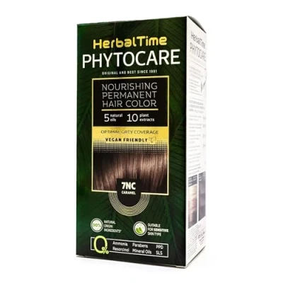 Image of Herbal Time Phytocare Permanent Hair Dye Color Caramel 7NC Professional Natural Kit Nourish and Protect Your Ammonia, PPD SLS Free 124.5 ml