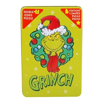 Image of The Grinch Double Sided Jigsaw Puzzle in a Tin. 500 Piece Christmas Embossed Officially Licensed Merchandise.