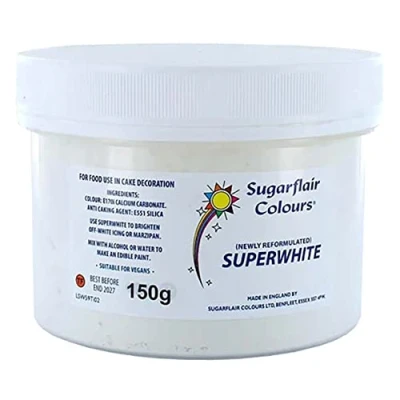 Image of Sugarflair Superwhite Powder, E171 Free, Icing Whitener For Royal Bright And Stunning Cake Covering Or Use As Super Extra White Edible Food Paint, Colouring Powder 150g
