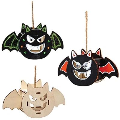 Image of Baker Ross FX196 Bat Wooden Hanging Tealight Holder Kits Pack of 3, Halloween Decorations, Kids Crafts Kit, Paint Your Own