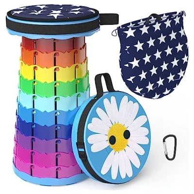 Image of LOCYOP Portable Telescopic Camping Stool Lightweight Folding Hiking Fishing BBQ with Carry Bag and Swivel Cushion Load Capacity 440lbs (Small Daisy)