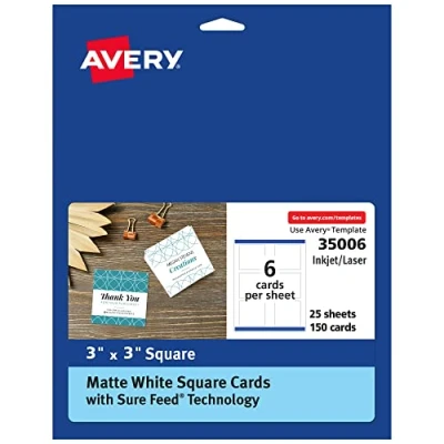 Image of Avery Square Cards with Sure Feed Technology, 3&quot; x 3&quot;, Matte White, 150 Total, Print to The Edge, Laser/Inkjet Printable (35006)