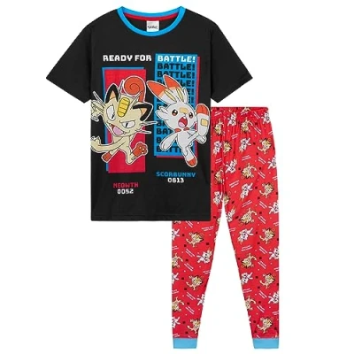 Image of Pokemon Boys Pyjamas Set Lounge Wear T Shirt and Long Bottoms Teenagers Kids PJs 4 14 Years Gifts for (Black/Red, 5 6 Years)