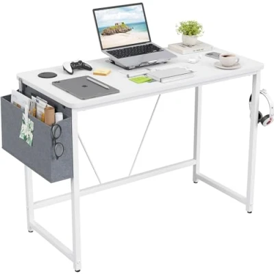 Image of Sunon Modern Computer Desk Study Table with Storage Bag for Small Spaces Home Office Writing Desk, 100X48cm, White