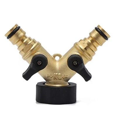 Image of LINZI 2 Way Brass Tap Garden Hose Splitter, Y Valve Double Water Divider Adaptor Irrigation Connector with Individual On/Off Valves for Outdoor Cleaning Watering