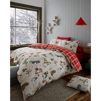 Image of Happy Linen Company Christmas Dogs Taupe Natural Single Reversible Duvet Cover Bedding Set