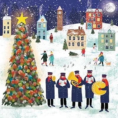 Image of GBCC The Almanac Gallery Pack of 6 Artistic Charity Christmas Cards &#039;Carols By Tree&#039; Village Brass Band at Night From Great British Card Company, multi, 141 x mm