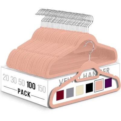 Image of Utopia Home Pack of 100 Velvet Suit Hangers with Tie Bar Heavy Duty Non Slip Premium for Adult Clothes 360 Degree Swivel Hook, Pink
