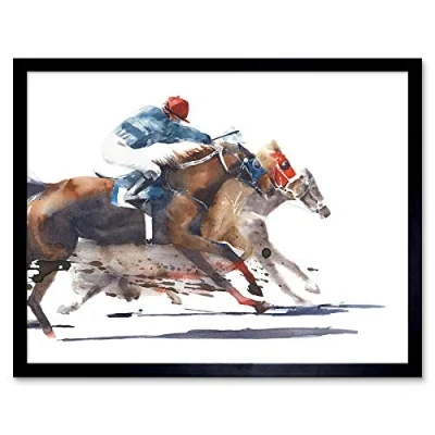 Image of Wee Blue Coo Racing Horses With Jockey Art Print Framed Poster Wall Decor 12X16 Inch