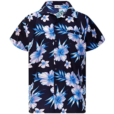 Image of King Kameha Funky Hawaiian Shirt, Men, Short Sleeve, Mono Flowers, Navyblue Blue, 6XL