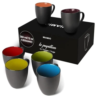 Image of MIAMIO 6 x 350 ml Stoneware Coffee Mug/Cup Set Le Papillon Collection (Black Colourful)