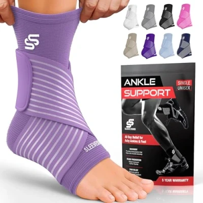 Image of Sleeve Stars Ankle Brace for Sprained Ankle, Plantar Fasciitis Relief Support Women &amp; Men, Compression w/Strap, Achilles Tendonitis Brace, Foot Wrap (Single/Light Purple)