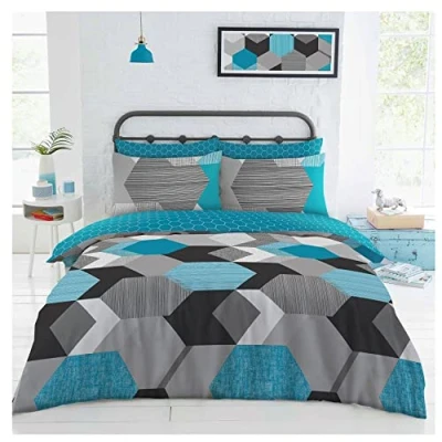 Image of Lions 4 Piece Bedding Set with Fitted Sheet King Size Duvet Cover Sets + Matching Pillowcases, Reversible Geometric Quilt Covers, Soft Poly Cotton Printed Shapes Bed Linen, Blue