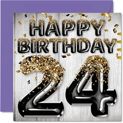 Image of 24th Birthday Card for Men Black &amp; Gold Glitter Balloons Happy Cards 24 Year Old Man Son Brother Uncle Cousin, 145mm x Twenty Four Fourth Greeting Gift