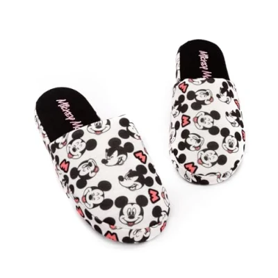 Image of Disney Mickey Mouse Slippers for Women Ladies Black &amp; White Polyester Slip On House Shoes with Grip Sole Adults Gifts 3 4 UK