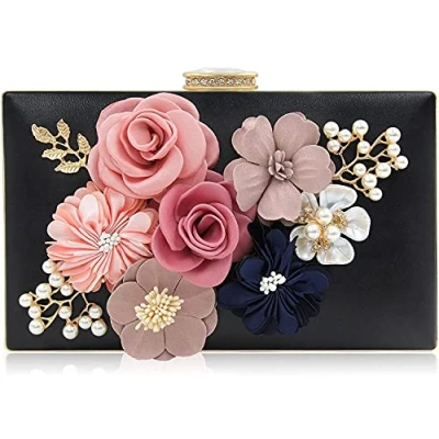 Image of Milisente Women Clutches Bag Flower Satin Evening Bags Wedding Handbag (Black)