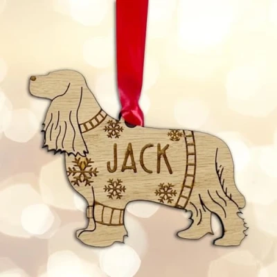 Image of Personalised Wooden Cocker Spaniel Christmas Tree Bauble Dog Puppy Gift Decoration