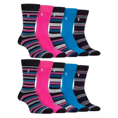 Image of Farah 10 Pairs Multipack Mens Bamboo Dress Socks Bright Cotton with Gentle Grip Top (6 11, Dark Navy/Cerise)