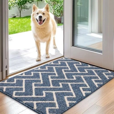 Image of Biscpro Indoor Door Mats,50x80cm Mat Non Slip Backing,Dirt Trapper Absorbent Doormat for Entrance,Inside,Kitchen,Front Back Door,Pets and Garden Blue